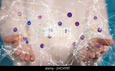 Hands holding the floating dots with connecting lines. Stock Photo