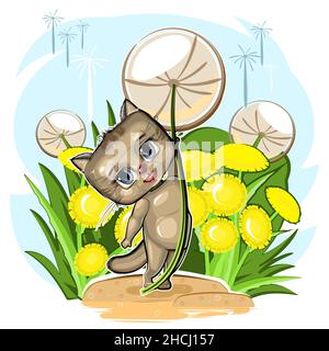 Little Kitten flies on a dandelion. Funny comic baby Cat animal. Summer meadow with flowers. Cute cartoon style. Childrens clipart illustration isolat Stock Vector