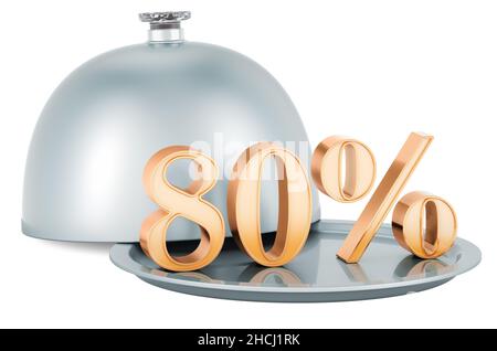 Restaurant cloche with golden 80 percent, sale and discount concept, 3D rendering isolated on white background Stock Photo