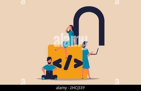 Open source code and programming online. People on lock support office system and analysis software vector illustration concept. Man and woman network Stock Vector