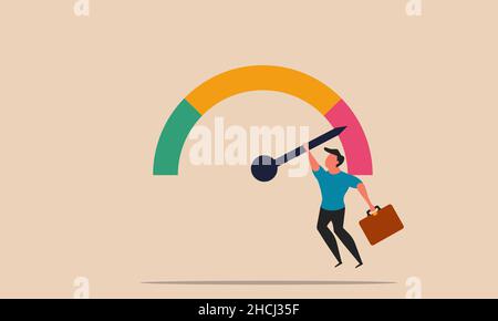 Businessman credit gauge and score money crisis. Bankruptcy man on arrow indicator finance vector illustration concept. Investor loss company after cr Stock Vector