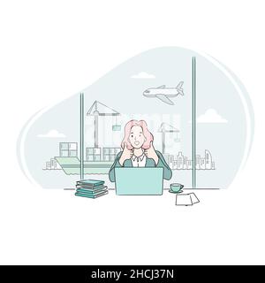 Business woman looking at laptop computer at desk and pointing thumbs up. Successful trade business concept. Line style business vector, illustration Stock Vector