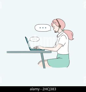 Young female agent using headset in call center. Telemarketer work concept. Line style business vector, illustration Stock Vector