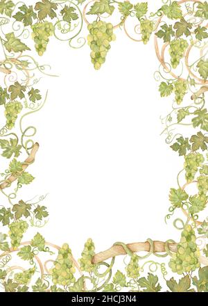 Beautiful Grapes Frame Clipart, Watercolor Wine Label border, Leaves clip art, Vineyard, Green Fruits, Vinery, wedding invitation, card making, tags d Stock Photo