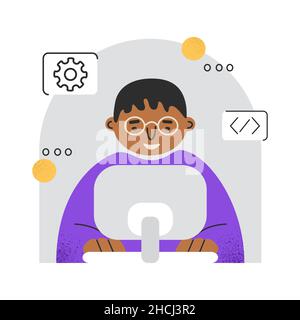 Young man working with laptop and computer. Software developer, programmer or system administrator with a PC. Colored flat vector illustration Stock Vector