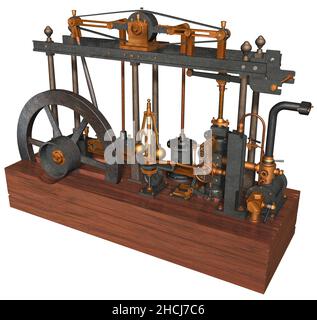 3D Rendering Illustration of a Steam Engine devised, built and perfected by Scottish inventor James Watt patented in 1769. Stock Photo