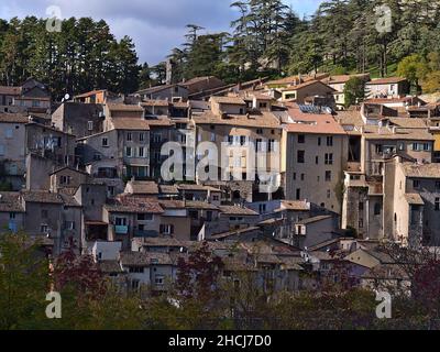 Beautiful view of the historic downtown of small city Sisteron in Provence, France with characteristic old buildings standing close together. Stock Photo