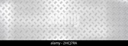 Diamond plate background. Wide metal texture. Silver industrial material. Shiny iron construction. Realistic steel sheet. Heavy metal panel. Vector Stock Vector