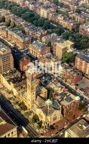 1990 archive image of the New Old South church in  Copley Square and the Back Bay area of Boston, Massachusetts, seen from the top of the John Hancock Tower. Stock Photo