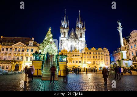 Prague, Czech republic - December 29, 2021. Night photo of Old Town Square without Christmas markets banned due Coronavirus caused empty streets witho Stock Photo