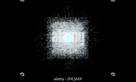 White particle energy sphere rotating on black background. White small dots spreading and spinning in the dark with a kernel in the middle, monochrome Stock Photo