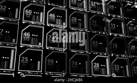 Electronic components on a circuit board, monochrome. Black and white display with multiple connections, seamless loop. Stock Photo