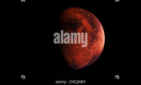 Abstract round red planet rotating on black background, seamless loop. Day and night on red Mars planet, light and shadow, spinning colorful sphere in Stock Photo
