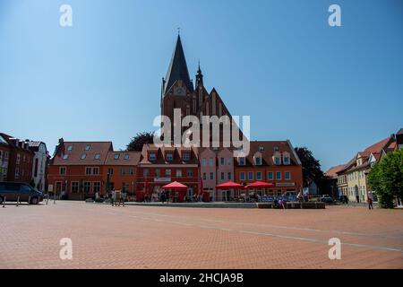 Barth, Germany  21 June 2021,  The market square of the city of Barth with the Protestant church of St. Marien Stock Photo