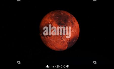 Abstract round red planet rotating on black background, seamless loop. Day and night on red Mars planet, light and shadow, spinning colorful sphere in Stock Photo