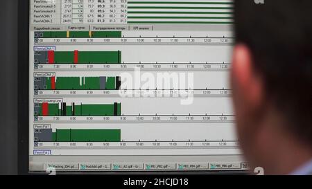 Back view over the shoulder shot of developer programmer with laptop. Coding code program programming developer compute web development coder work des Stock Photo