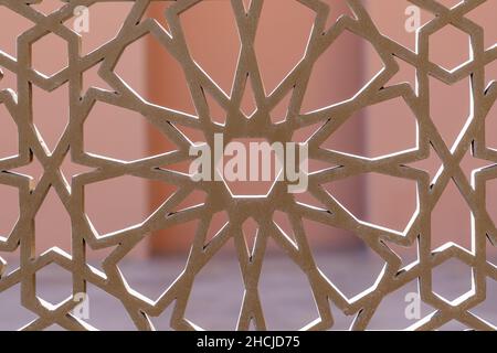 Geometric pattern stylish modern wooden wall with a decorated pattern in Doha, Qatar outdoors Stock Photo