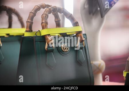 Milan, Italy - September 24, 2021: Gucci luxury and fashionable handbag from new collection 2022, close up store show case Stock Photo