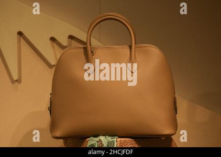 Milan, Italy - September 24, 2021: Hermes luxury and fashionable handbag from new collection 2022, close up store show case Stock Photo