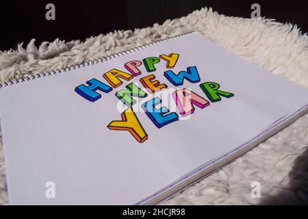 Symbol of 2022. Blue square New Year card in hand draw style