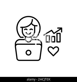 Woman working on a laptop. SMM content manager or blogger creating growth strategies. Pixel perfect, editable stroke icon Stock Vector