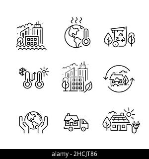 Global warming and sustainable city icons set. Pixel perfect, editable stroke Stock Vector