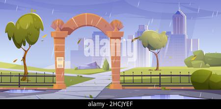 Stone gates, entrance to autumn city garden or park at cool weather ...