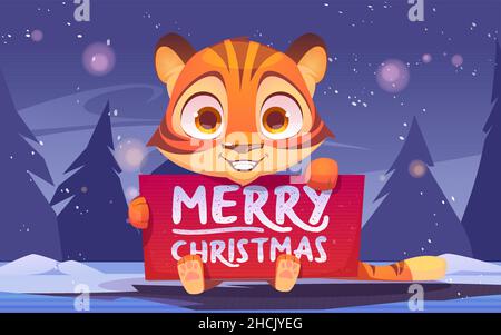 Cute tiger holding banner with Merry Christmas congratulation. Wild funny kitten in winter forest with fir-trees around. Animal cub xmas character with greeting card, Cartoon Vector illustration Stock Vector