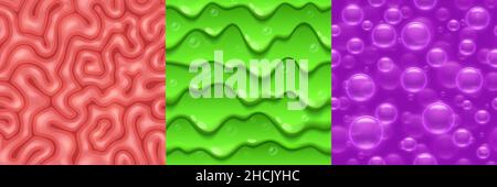 Seamless textures for game brain convolution, dripping green slime and purple soap bubbles. Repeated patterns, 3d backgrounds, graphic ui or gui layers design, closeup view, Vector illustration, set Stock Vector
