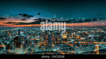 Smart connection network system, smart city network concept, 5G wireless connection. Stock Photo