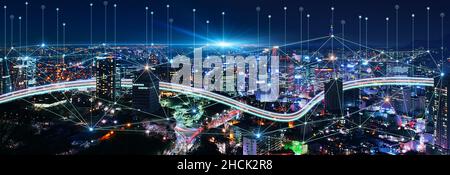 Smart connection network system, smart city network concept, 5G wireless connection. Stock Photo