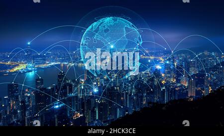 Smart connection network system, smart city network concept, 5G wireless connection. Stock Photo