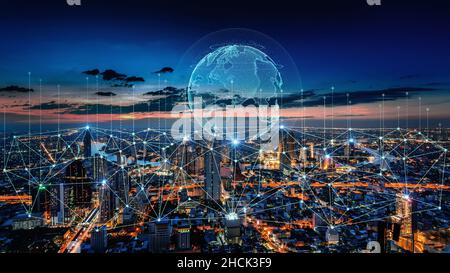 Smart connection network system, smart city network concept, 5G wireless connection. Stock Photo