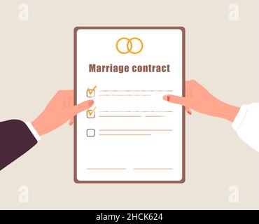 Marriage contract. Woman and man hands holding prenuptial agreement document. Prenup wedding certificate. Couple divorce concept. Top-down view Stock Vector