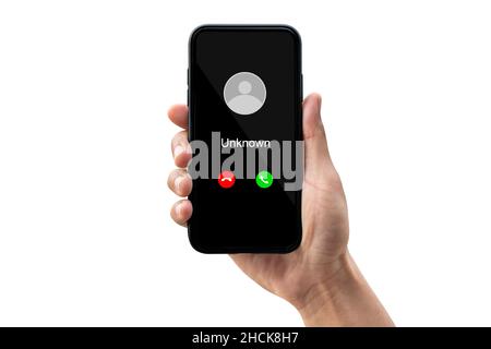 Phone call from unknown number. Man getting a call on phone from an unknown number. Stock Photo