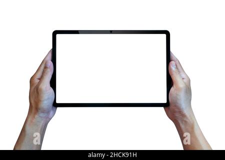 Hands holding digital tablet isolated on white background, Smart tablet. Stock Photo