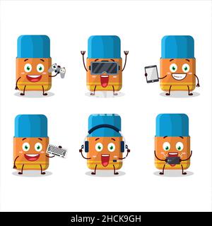 Orange eraser cartoon character are playing games with various cute emoticons. Vector illustration Stock Vector