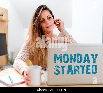 Sign displaying Monday Started. Word Written on getting ready for new week Rest is over lets begin work Abstract Watching Online Movies, Viewing New Stock Photo