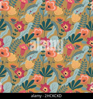 Multicolored wildflowers. Seamless background. Illustration for fabric, wallpaper, textile, gift wrapping. Stock Vector