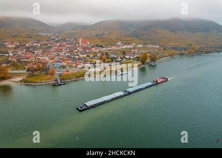 Bulk Carrier Transporting Cargo Along the River Danube Stock Photo