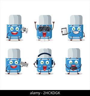 Blue eraser cartoon character are playing games with various cute emoticons. Vector illustration Stock Vector