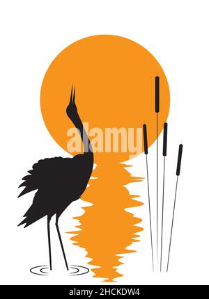 Red crowned crane silhouette on sunset isolated on white background, vector. Red crowned crane bird by pond and pond plants, illustration. Artistic de Stock Vector