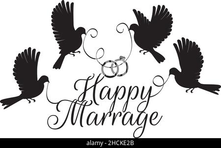 Happy marriage, vector. Flying doves silhouettes and carrying a wedding rings isolated on white background, vector. Minimalist art design. Stock Vector