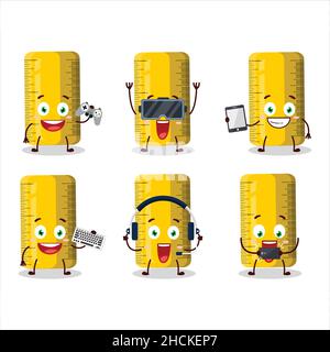 Yellow ruler cartoon character are playing games with various cute emoticons. Vector illustration Stock Vector