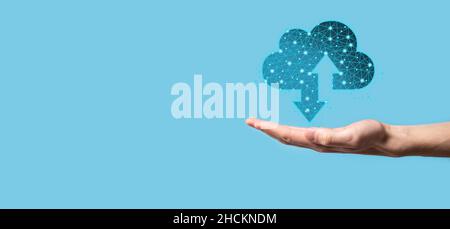 Man hold Cloud icon technology. Polygonal wireframe cloud storage sign with two arrows up and down. Cloud computing, big data center, future infrastru Stock Photo