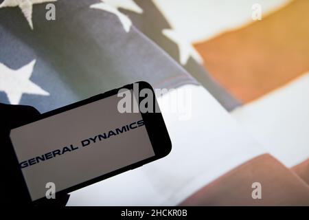 Rheinbach, Germany  29 December 2021,  The brand logo of the American arms company 'General Dynamics' on the display of a smartphone Stock Photo