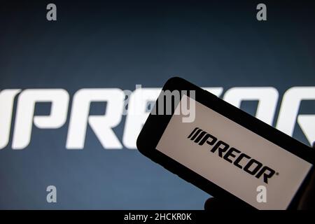 Rheinbach, Germany  29 December 2021,  The brand logo of the fitness equipment manufacturer 'Precor' on the display of a smartphone Stock Photo