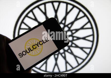 Rheinbach, Germany  29 December 2021,  The brand logo of the fitness company 'Soulcycle' on the display of a smartphone (focus on the brand logo) Stock Photo