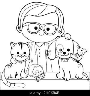 Veterinary physician and pets. A cat, a dog, a hamster and a bird. Black and white coloring page. Stock Photo