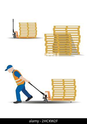 A set of vector images of moving hand pallet trucks, collecting, storing and moving empty pallets. Storage equipment. Flat vector illustration. Stock Vector